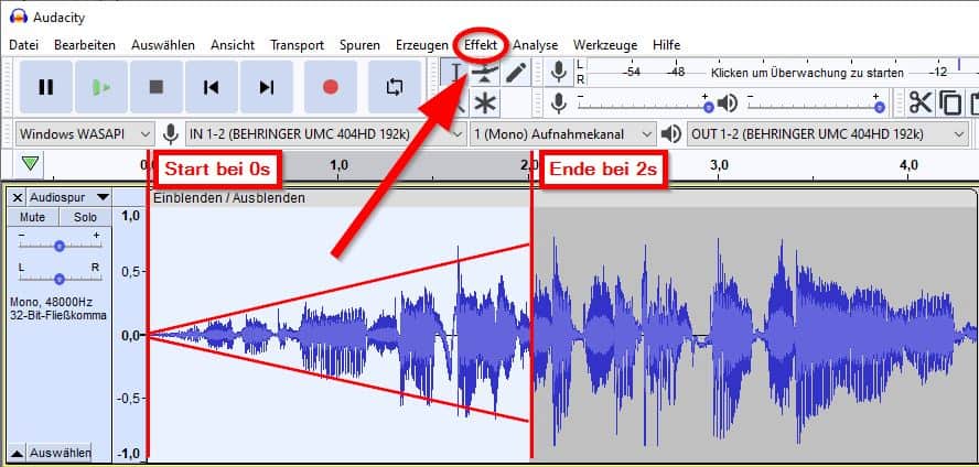 Audacity: Lautstärke langsam erhöhen (fade in)