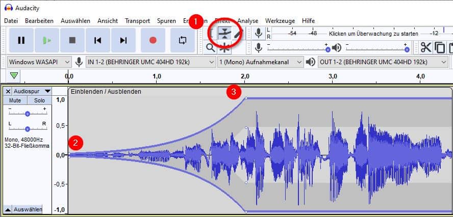 Audacity: Lautstärke langsam erhöhen (fade in) mit dem Hüllkurvenwerkzeug