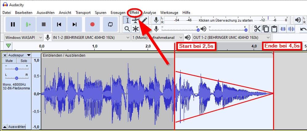 Audacity: Lautstärke langsam verringern (fade out)