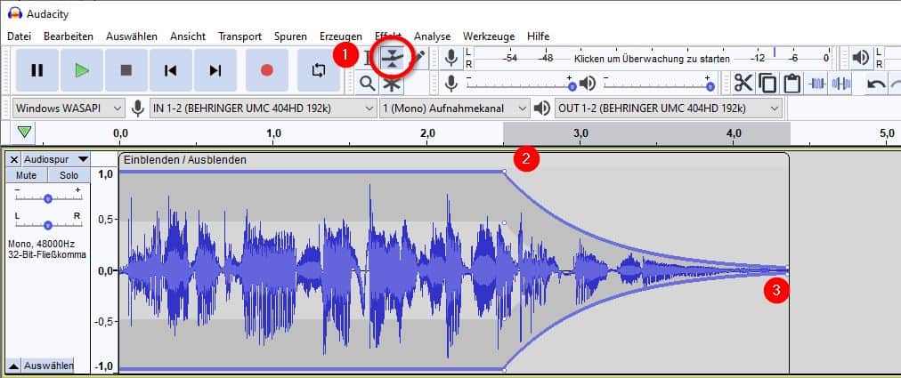 Audacity: Lautstärke langsam verringern (fade out) mit dem Hüllkurvenwerkzeug