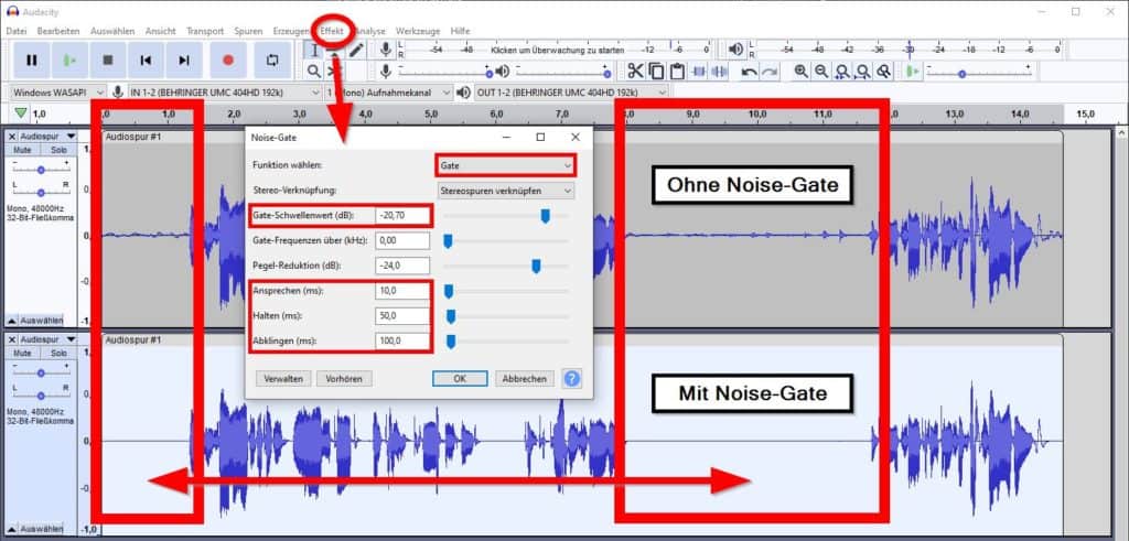 Audacity: Rauschen, Mausklicks, Tastaturanschläge mit einem Noise Gate entfernen