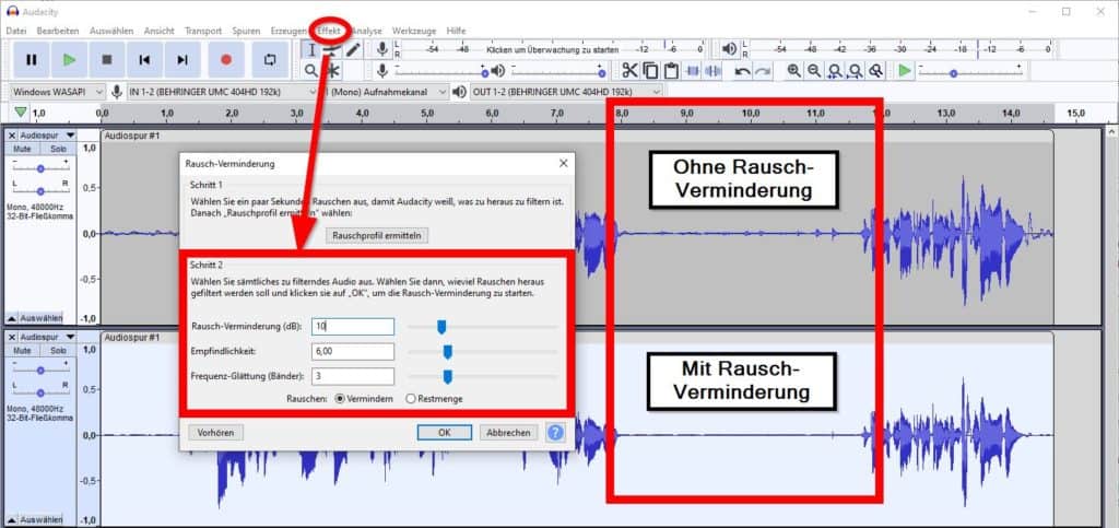 Audacity: Störgeräusche entfernen mit dem Effekt Rausch-Verminderung - Rauschprofil anwenden