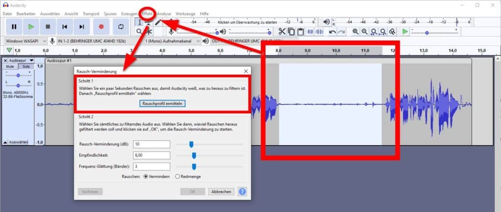 Audacity: Störgeräusche entfernen mit dem Effekt Rausch-Verminderung - Rauschprofil ermitteln