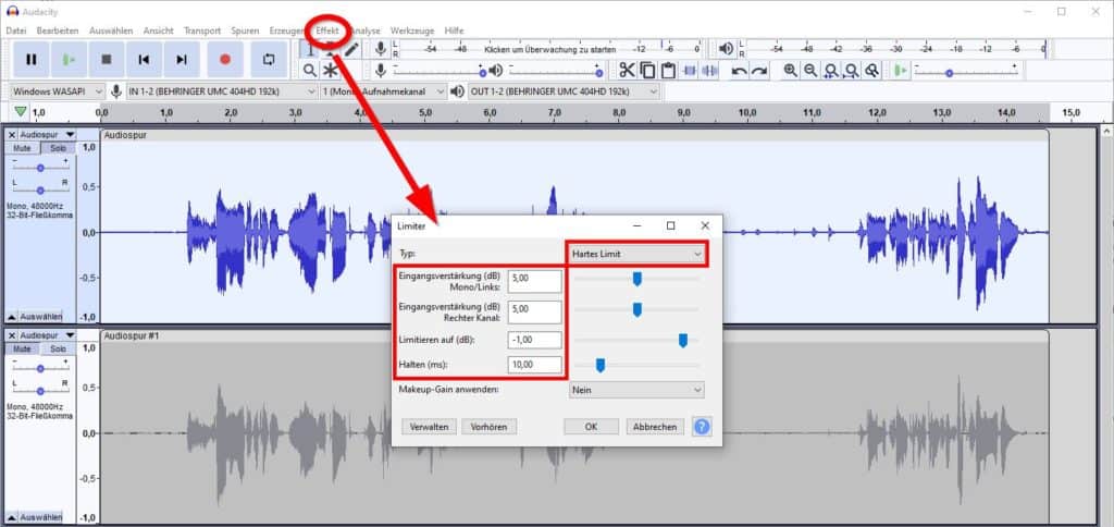 Audacity: Aufnahme ordentlich laut machen mit dem Limiter