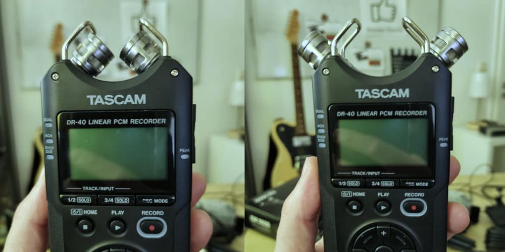 Audio Recorder mit 2 Mikrofonen für Stereoaufnahmen (links X/Y, rechts A/B)