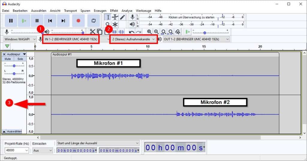 Audacity: Stereospur für die Aufnahme mit zwei Mikrofonen