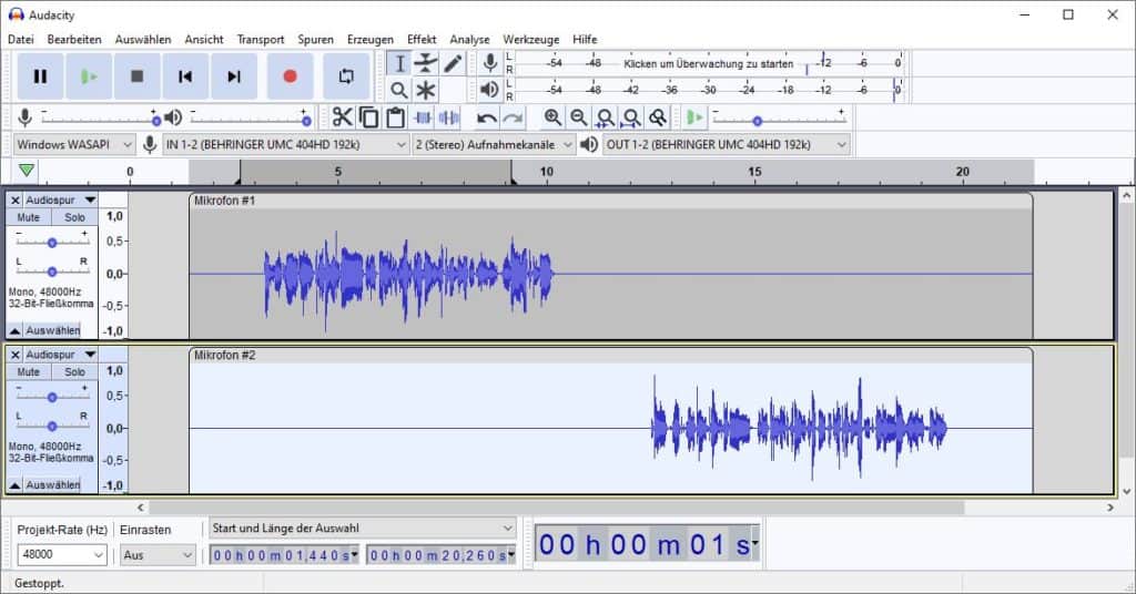 Audacity: Zwei separate Monospuren aus einer Stereospur