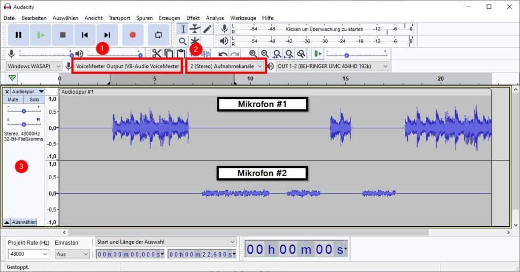 Audacity: Stereospur für die Aufnahme mit zwei Mikrofonen über VoiceMeeter
