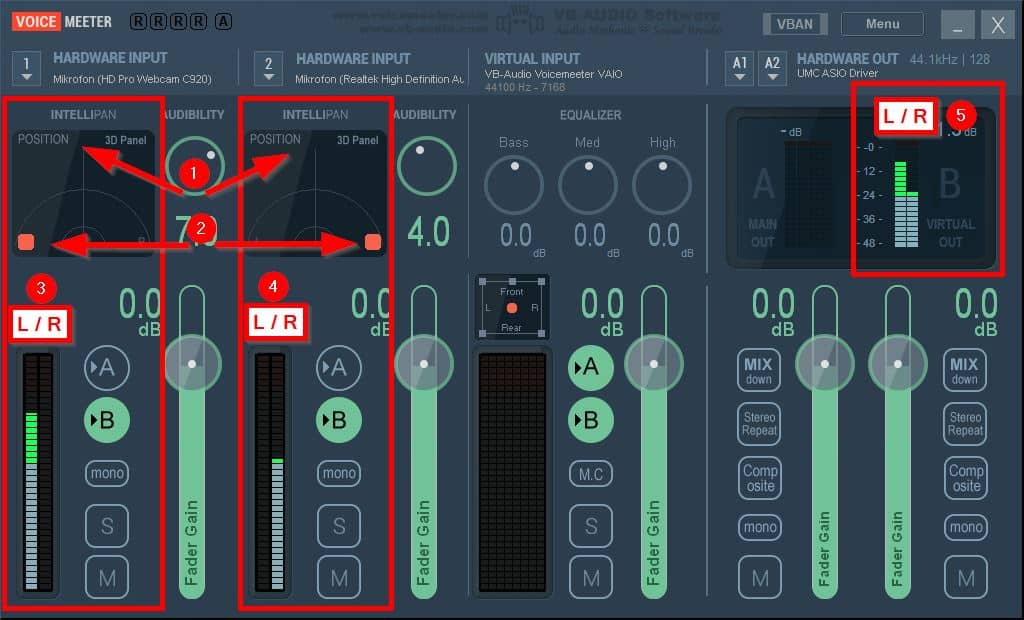 VoiceMeeter: Mikrofonsignale dem linken und rechten Kanal zuordnen