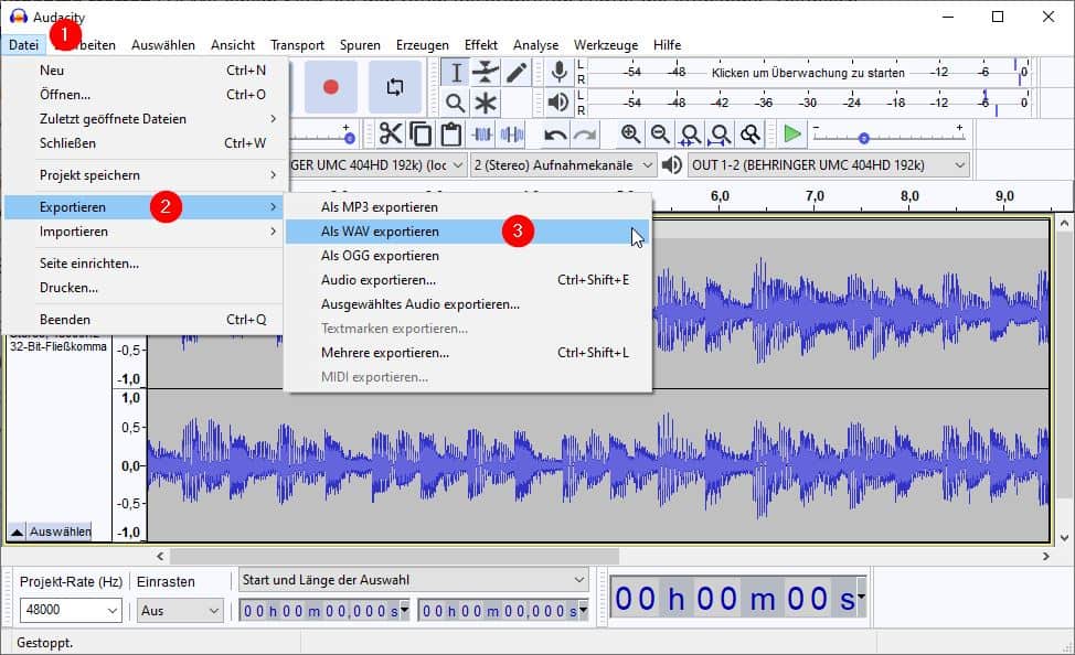 Internen PC Sound mit Audacity aufnehmen: Aufnahme exportieren und abspeichern