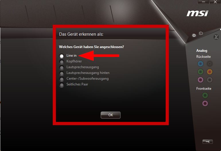 Beispiel MSI Onboard Soundkarte: Line In auswählen