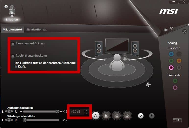 Beispiel MSI Onboard Soundkarte: Mic-Boost, Rauschunterdrückung, Nachhallunterdrückung