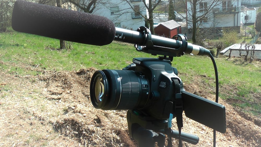Richtmikrofon auf dem Blitzschuh einer DSLR Kamera